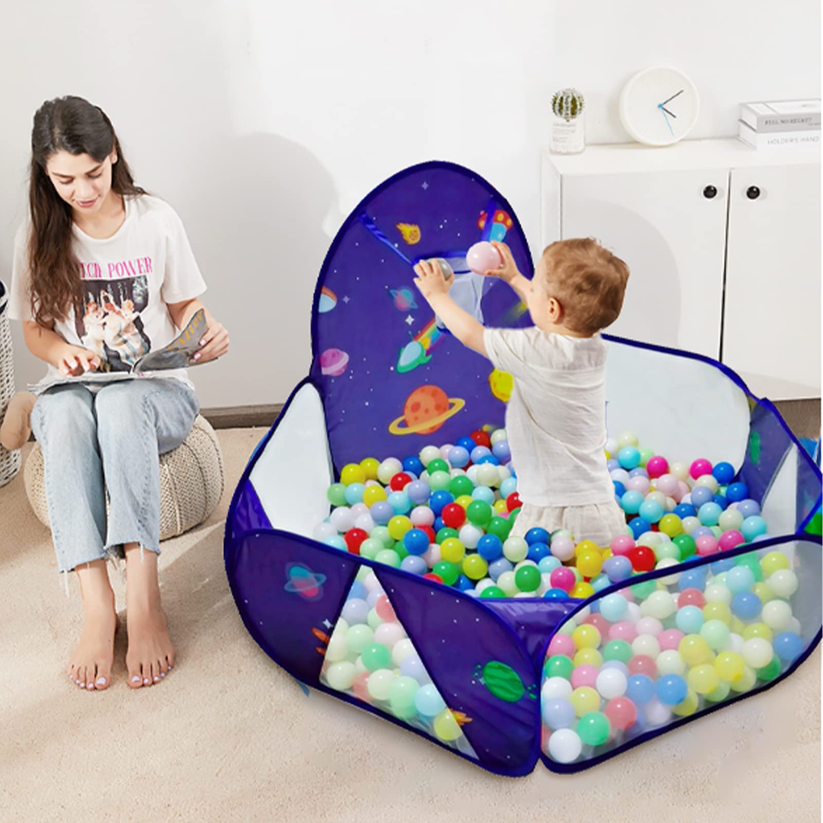 Kids Ball Pit, Pop Up Children Play Tent, Toddler Ball Pool Baby Crawl Playpen with Basketball Hoop, Portable Toys for Girls Boys, 4 ft / 120 cm, Balls Not Included, Spaceship