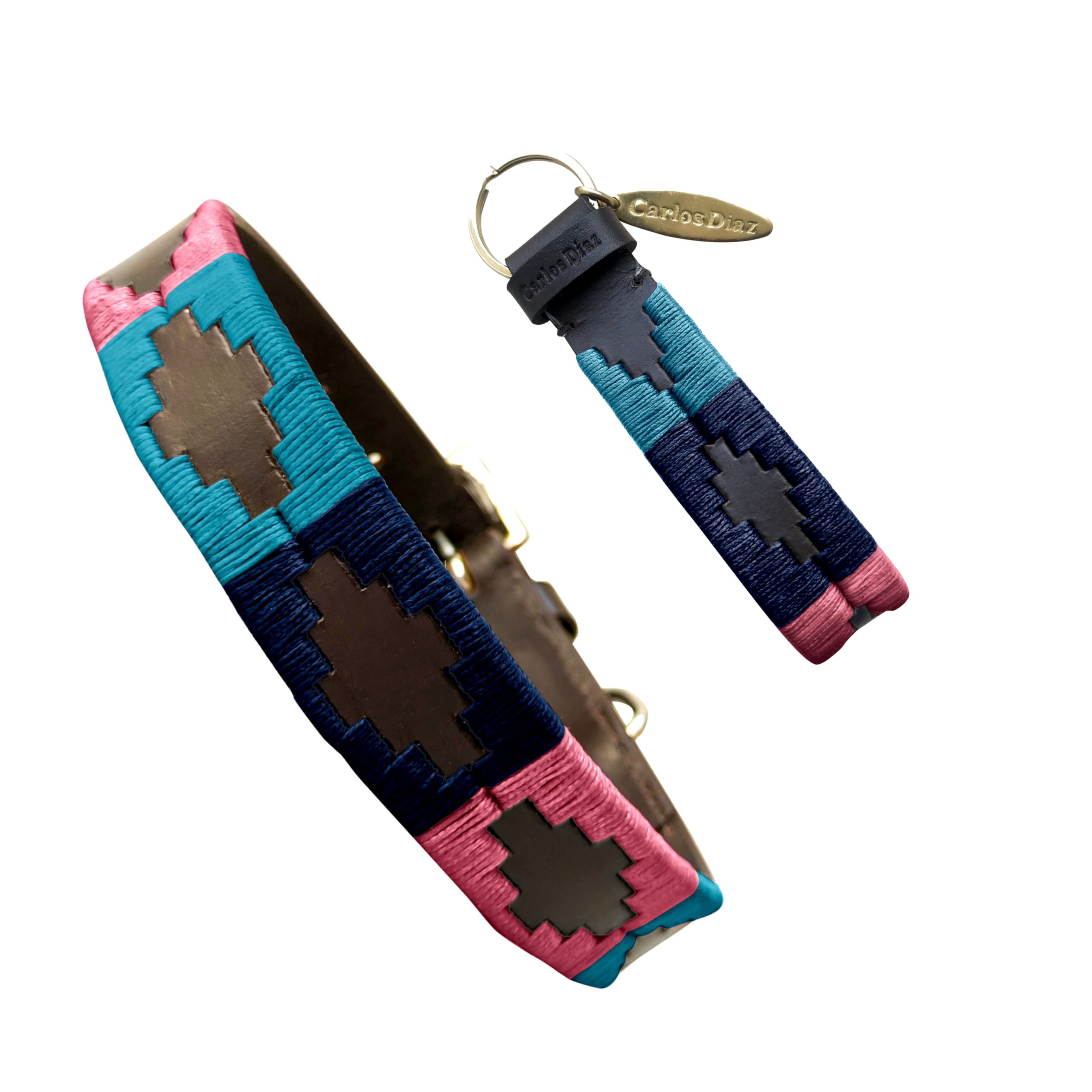 Carlos Diaz Genuine Leather Waxed Embroidered Polo Dog Collar L