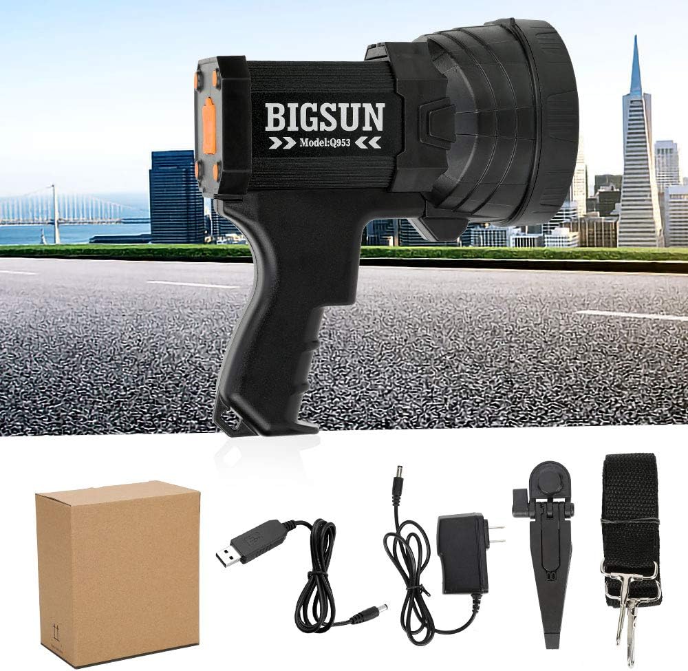 BIGSUN Q953 10000mAh Rechargeable LED Spotlight, Super Bright 6000LM Flashlight, 5 Light Modes Marine Boat Light, IPX4 Waterproof Emergency Lamp, Wall and USB Charger Included - - 