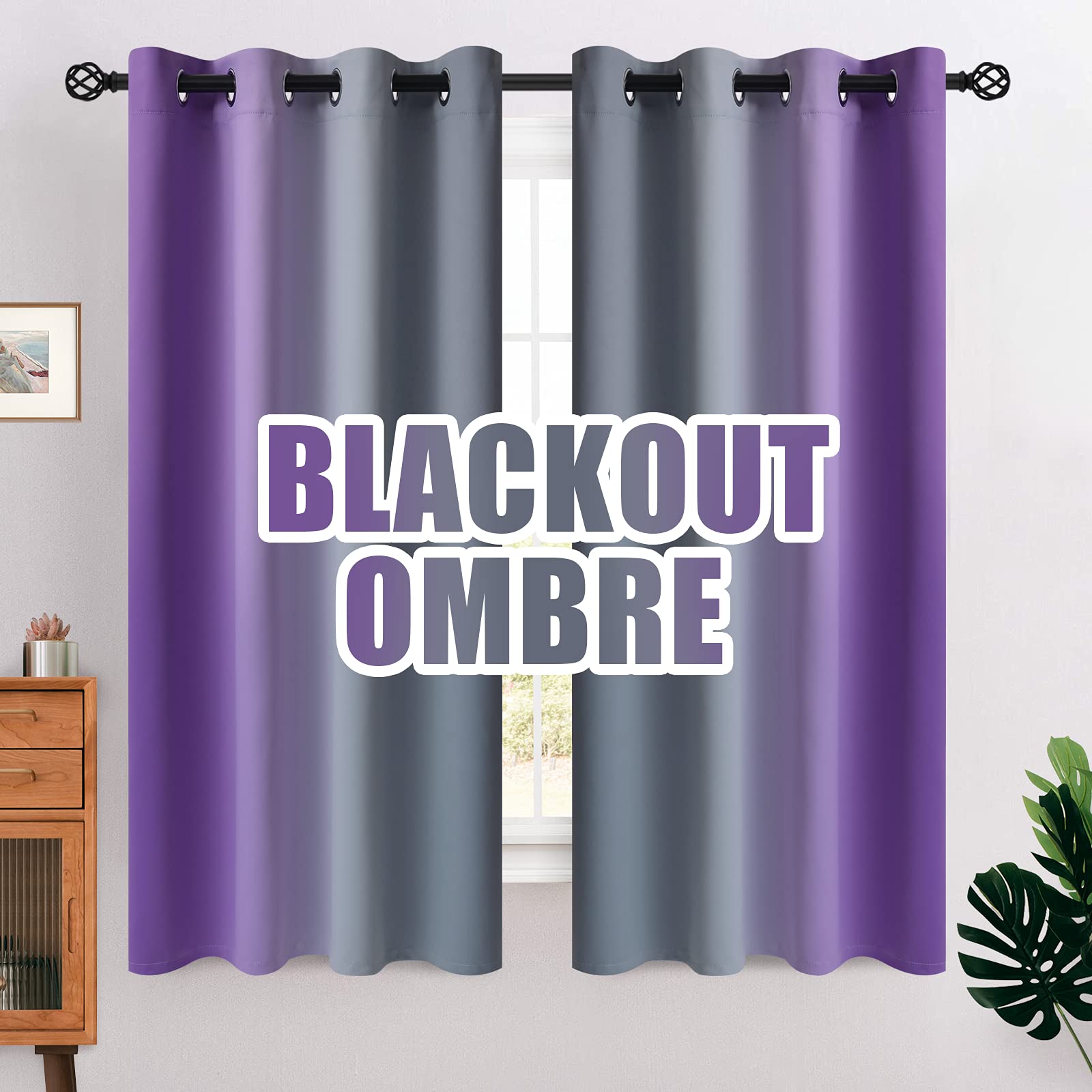 COSVIYA Grommet Ombre Room Darkening Curtains 63 inches Length for Kids/Girls Bedroom, Polyester Blackout Purple and Grey Gradient Window Drapes/Curtains for Living Room,2 Panels, 52x63 inches