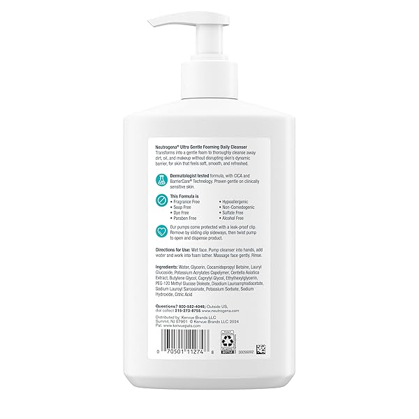 NEUTROGENA ULTRA GENTLE FOAMING FACIAL CLEANSER, FRAGRANCE FREE HYDRATING FACE WASH FOR SENSITIVE SKIN, DAILY NON OVER DRYING MAKEUP REMOVER, HYPOALLERGENIC, SOAP & DYE FREE, NON-COMEDOGENIC, 16 FL OZ