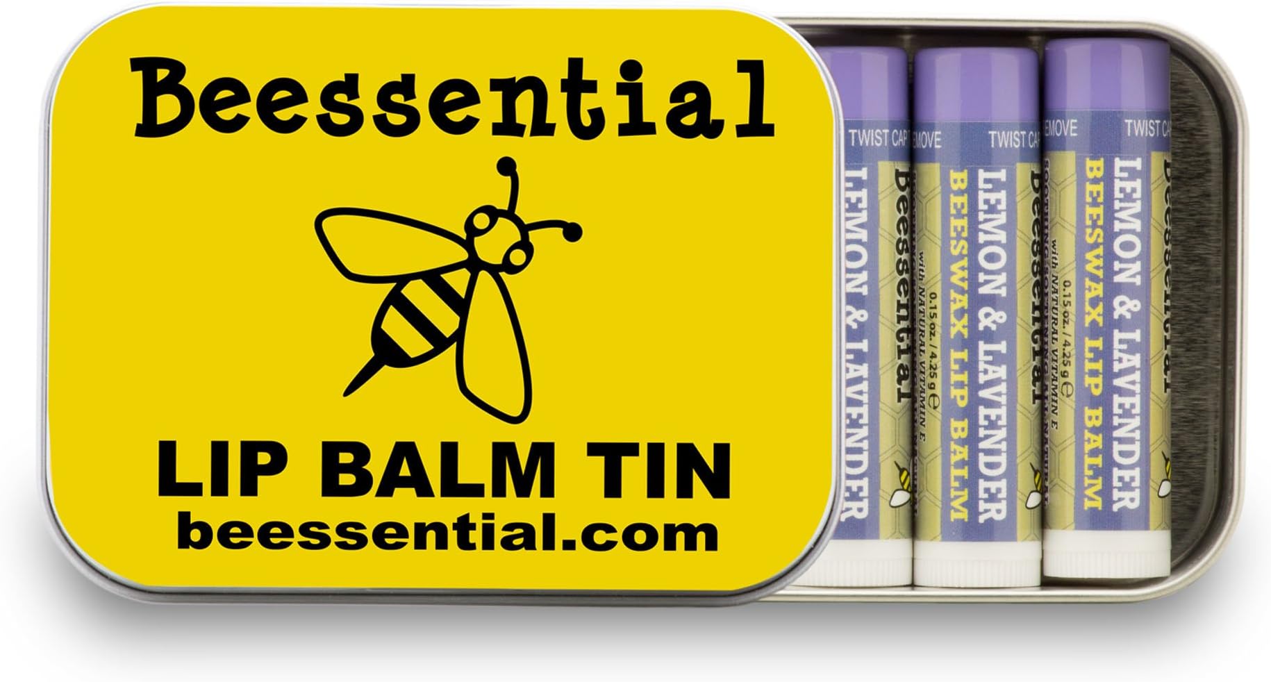 Beesential Lemon Lavender 5 Pack Gift Tin Voted Best for Dry and Chapped Lips – Great for Men, Women, and Children – Moisturizing Beeswax, Coconut, Shea and Cupuacu Butter
