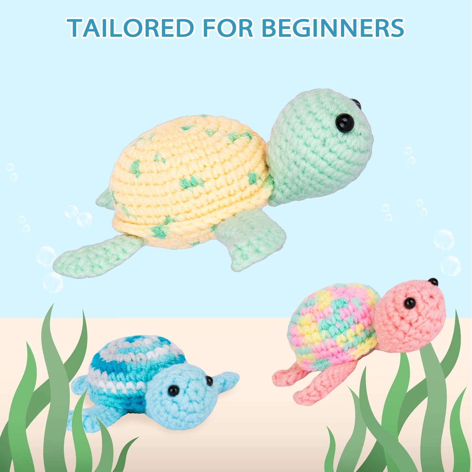 Crochetta Crochet Kit for Beginners, Beginner Crochet Kit for Adults with Step-by-Step Video Tutorials, DIY Crochet Animal Kits Kids Knitting Supplies, 3 Pack Turtle Family (40%+ Yarn)