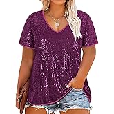 CARCOS Plus Size Sequin Top for Women Short Sleeve Party Blouse Evening Sparkle Shimmer V Neck Glitter Shirt Ladies XL-5XL