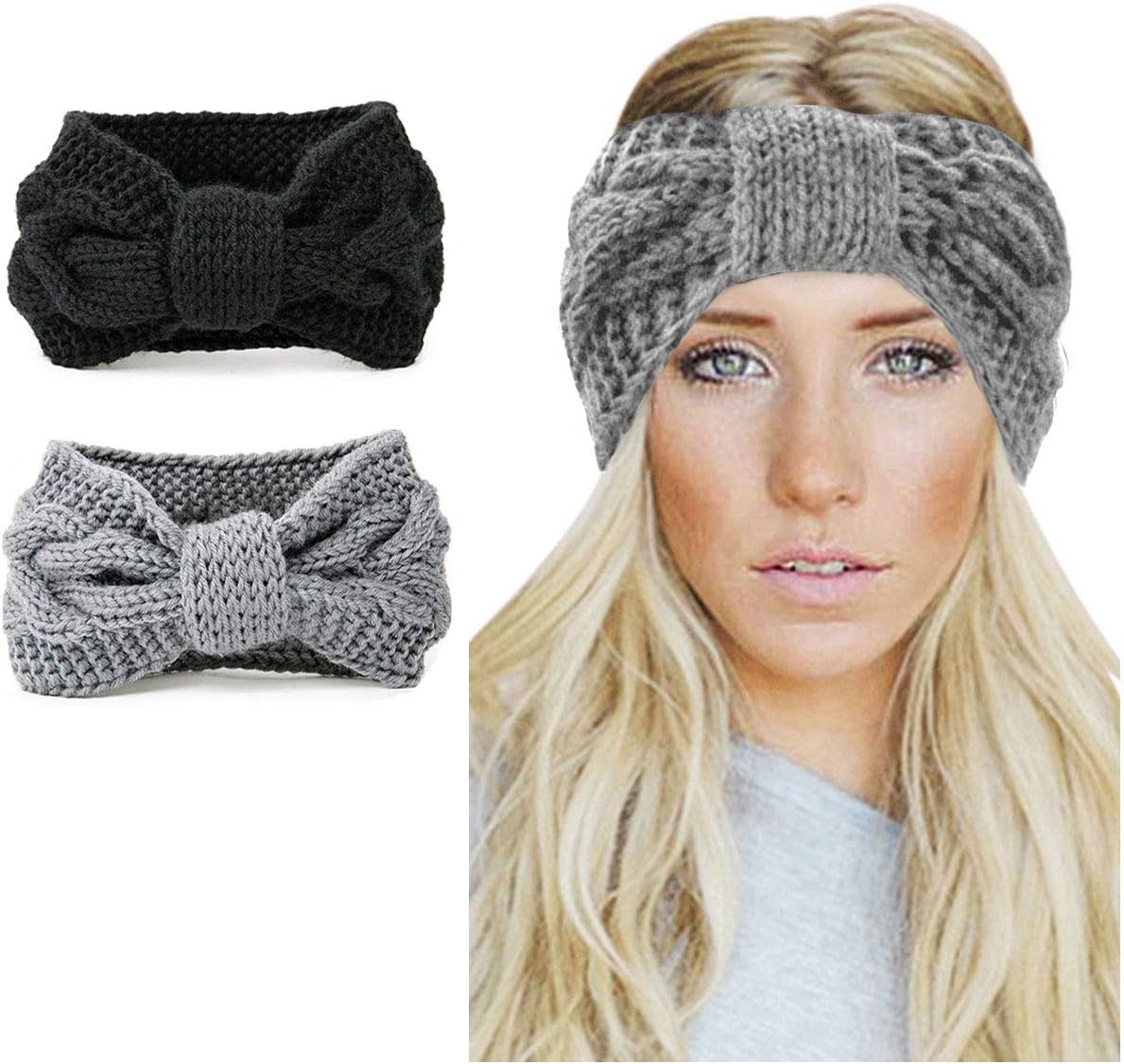 Womens Winter Knitted Headband - Crochet Knitted Turban Headwrap Twist Hair Band Warm Crocheted Hairband Hat Cap Ear Warmer (Black+Grey-A)(Size: M)