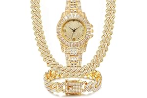 NUAYA 3PC Watch Necklace Bracelet Jewelry Set Luxury Men Diamond Watches 18K Gold Plated Full Iced Out Rhinestone Quartz Analog Wristwatch Stainless Steel Band Bracelet Set