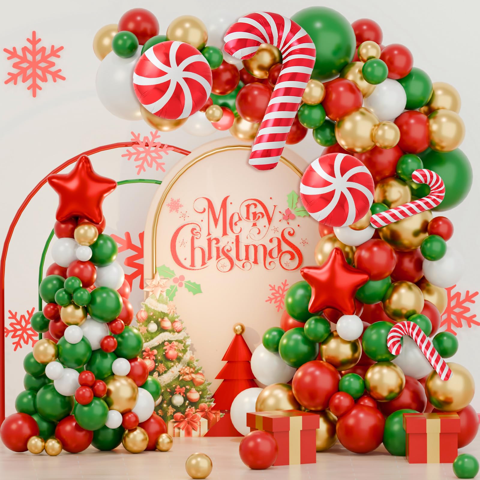 Christmas Balloons Arch Kit, 127Pcs Christmas Balloon Garland Arch Kit with Red Green Gold White, Red Star, Candy Cane Balloons, Xmas balloon for Christmas Party Decorations Xmas Party Decor Supplies