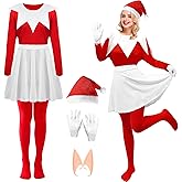 Yi-gog Christmas Elf Outfits for Women Red White Deluxe Female Elf Costume Set Cosplay Dress Suit Hat Collar Holiday Party