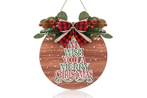 CHDITB Christmas Decor We Wish You A Merry Christmas Door Sign(11.4”x11.4”), 3D Christmas Door Wreath with Red Plaid Bow Mistletoe, Rustic Farmhouse Xmas Sign for Door Porch