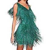 houstil Women 1920s Sequin Dress V Neck Flapper Gatsby Homecoming Dresses Fringe Wedding Club Party Evening Gown