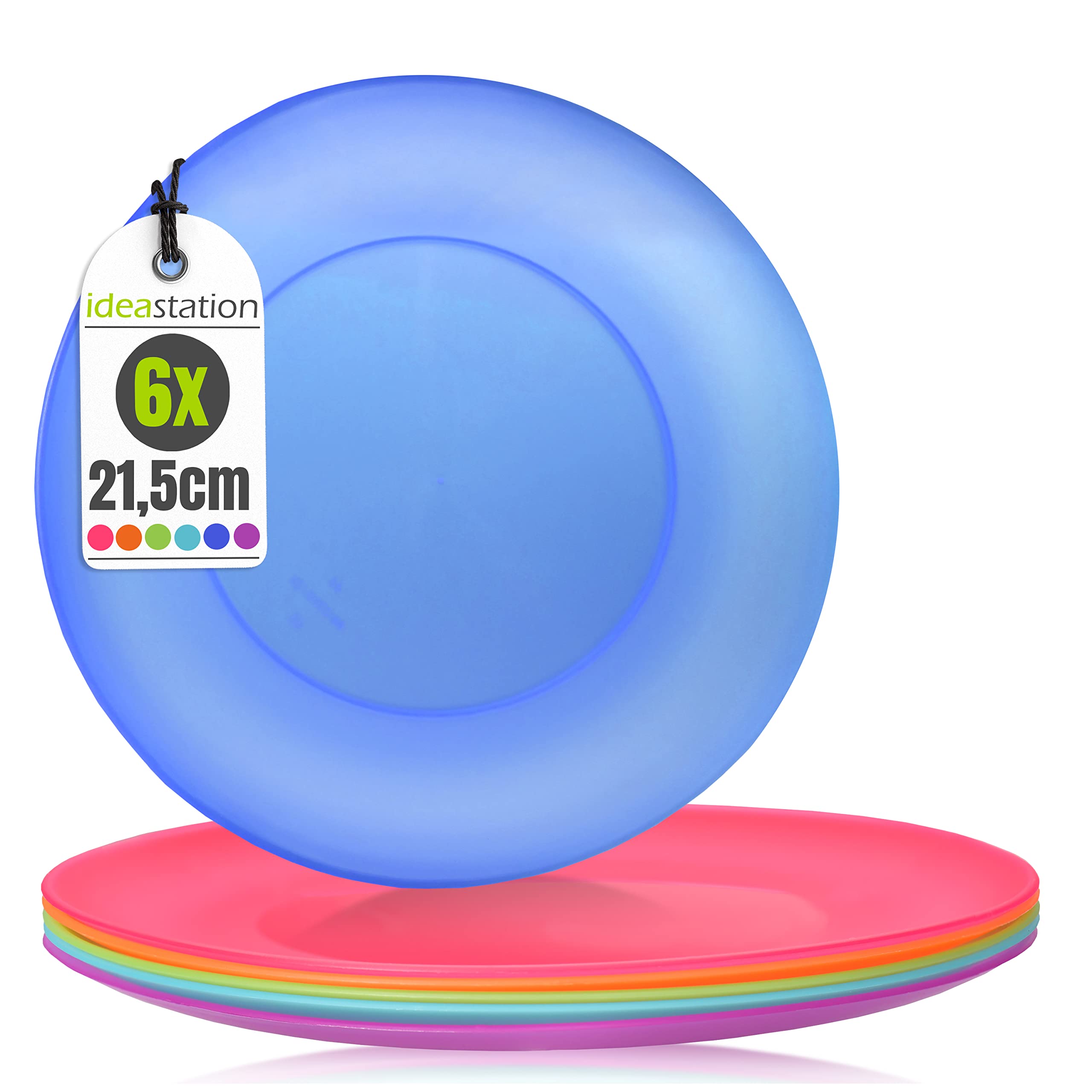 idea-station NEO Plastic Plates 6 x 21.5 cm - Colourful - Reusable Plasticplates - Perfect Party and Picnic Plates for Camping, Outdoor - Dishwasher Safe and Family Friendly