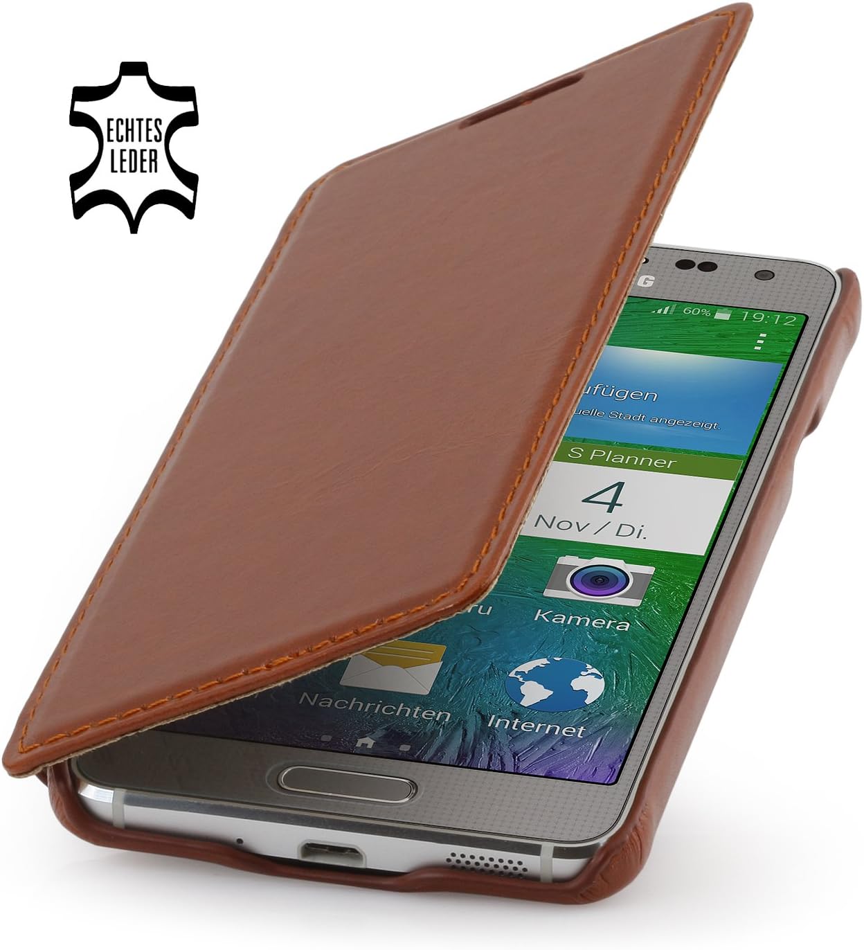 StilGut® Book Type, Leather Case for Samsung Galaxy Alpha Cognac Brown without Clip