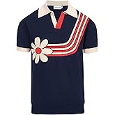 OXKNIT Mens V-Neck Polo Shirt Knitted Shirt Dark Blue Short Sleeve Golf Shirt with Flower Pattern