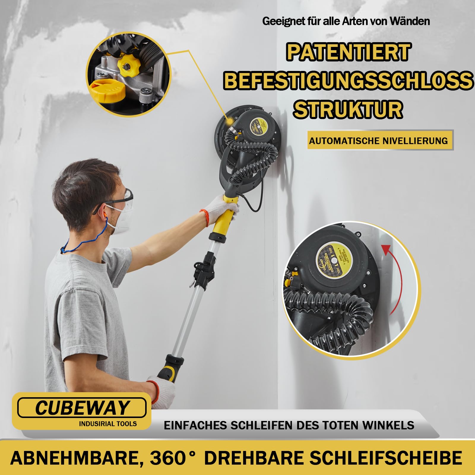 Trockenbauschleifer, 750W Wandschleifer mit Automatischem Vakuumsystem und Ø 214mm Schleifgiraffe inkl Absaugbeutel LED-Licht, 7-Gang Getriebe, 900-1800RPM Deckenschleifer, Faltbarem Griff 6