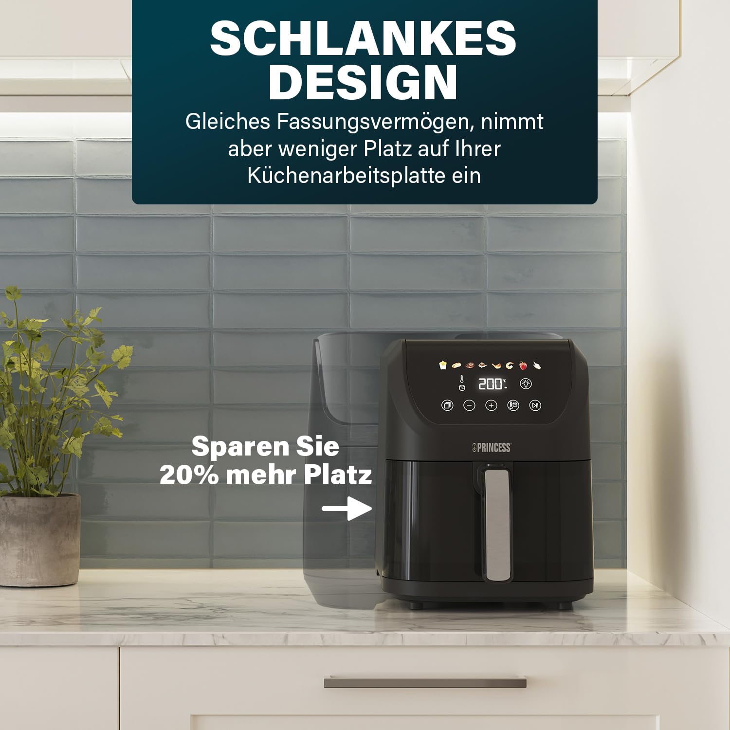 Princess SlimFry Airfryer, 8L Fassungsvermögen, 2000W, 8 Programme, Digitales Touchscreen, Einstellbare Temperatur, Sichtfenster, Automatische Abschaltung, Spülmaschinenfest, 182257 3