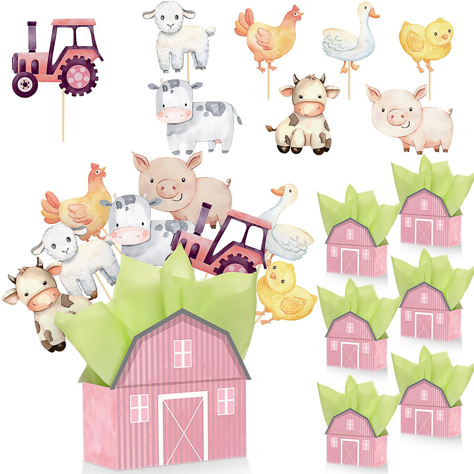 Photo 1 of Seenelling 6 Sets 122 Pcs Farm Animal Party Centerpieces Farm Animals Table Toppers Decor Barn Box Animal Cutouts and Sticks Tissue Paper for Barnyard Birthday Supplies Baby Shower (Cute Style)