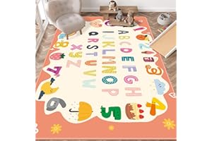 LTKOUGFAM ABC Kids Play Rug, Large Soft Educational Learning Space Mat, Non-Slip Cute Baby Floor Toddler Numbers Mat Area Rug for Kids Living Room Playroom Classroom Decor (Orange, 59" x 78" L)