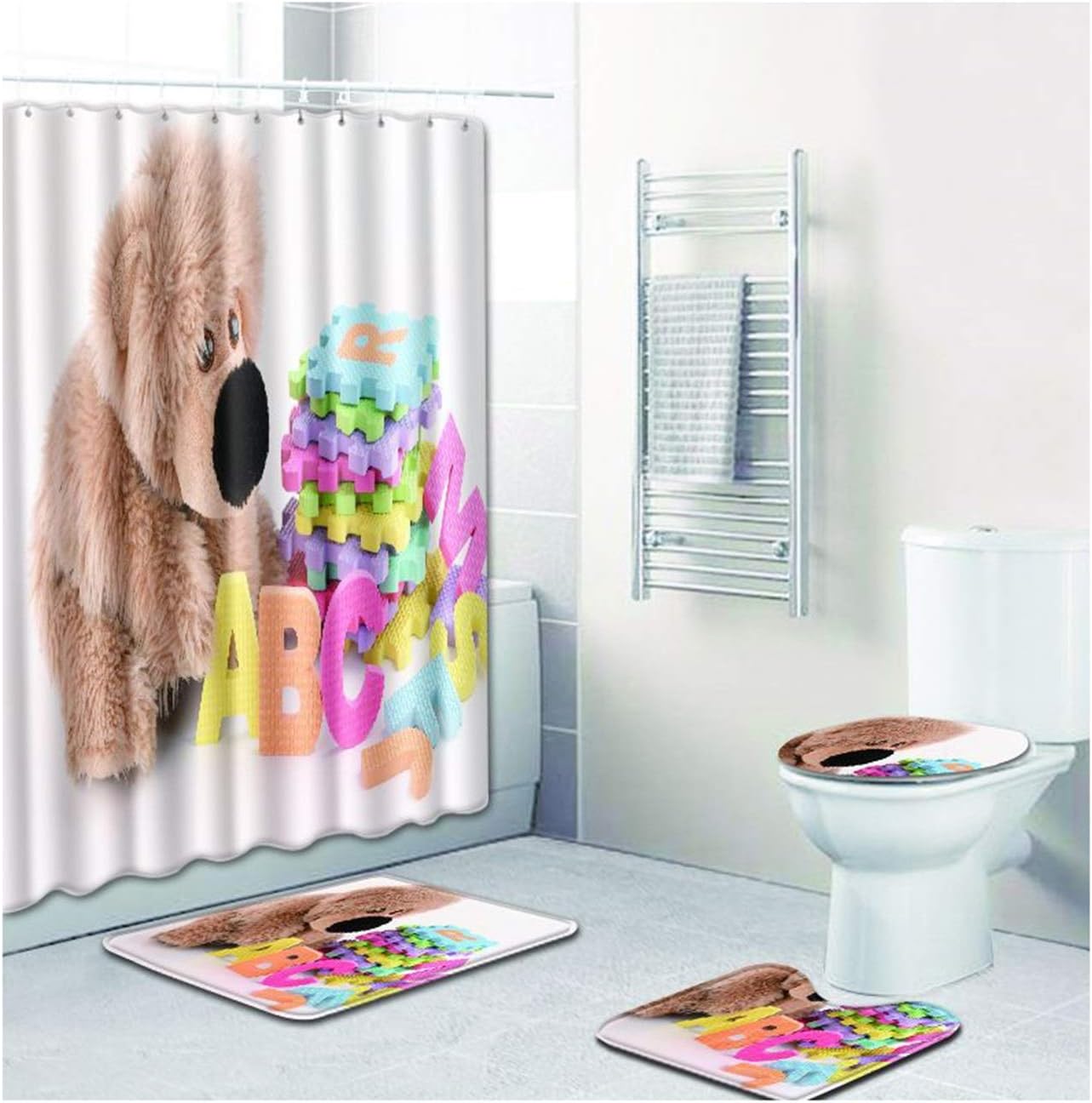 ROMQUEEN 4 Piece Shower Curtain Set Bath Curtain Black And White Bath Mat Duck Egg Blue Pedestal Mat for Toilet& Shower Curtain 180 * 180