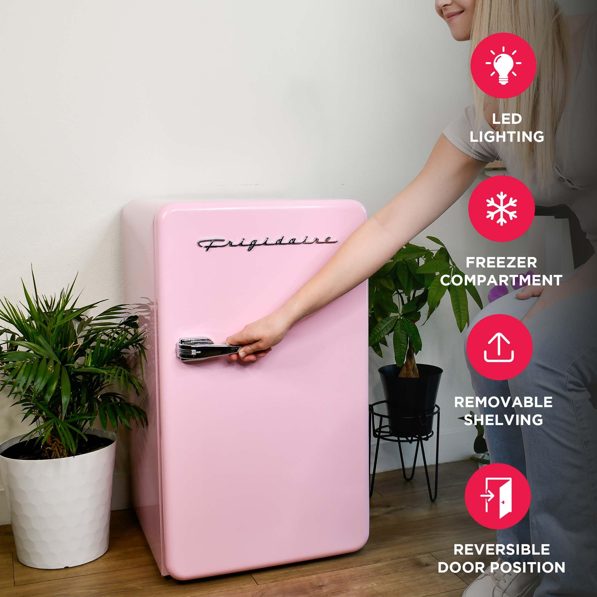 Frigidaire Retro Compact Refrigerator with Chiller, 3.2 cu ft Countertop Fridge, Built-In Bottle Opener, Rounded Corners, Premium, for Office, Bedroom, Dorm Room, Cabin, 18.5D x 20W x 31.5H (Pink)