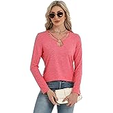 Gihgoew Womens Long Sleeve Tops Keyhole Neck Detail Crew Neck Shirts Ring Cut Out Design Stretcht Tees 2025 Roses Red