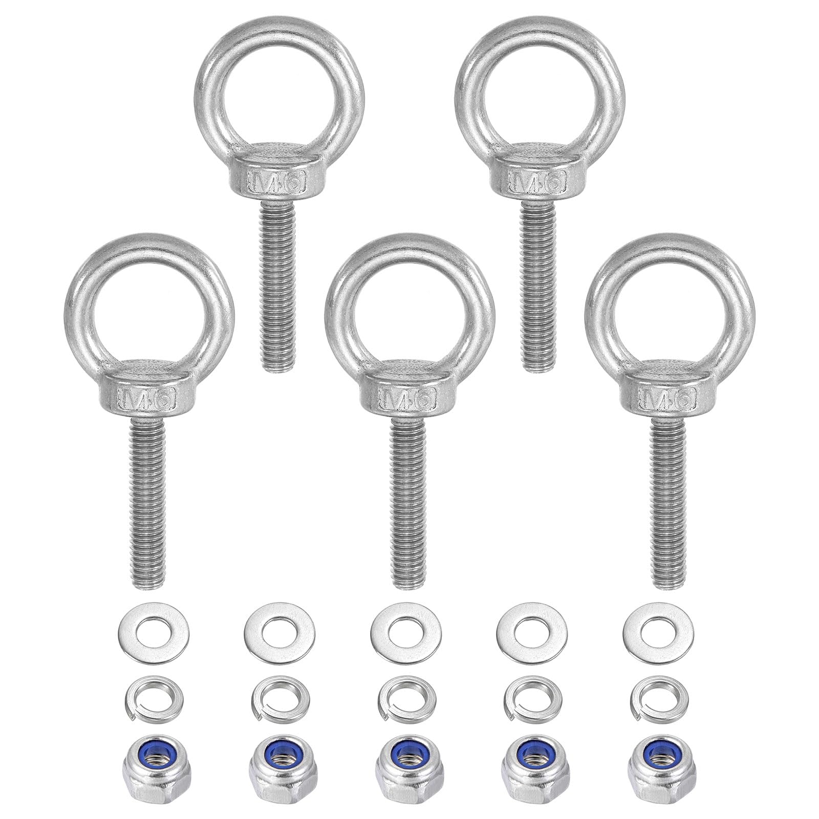 PATIKIL M6 x 30mm Lifting Shoulder Eye Bolt, 5Pcs 304 Stainless Steel Lifting Ring Threaded Eyebolt with Nuts Washers for Hanging Hammocks Articles