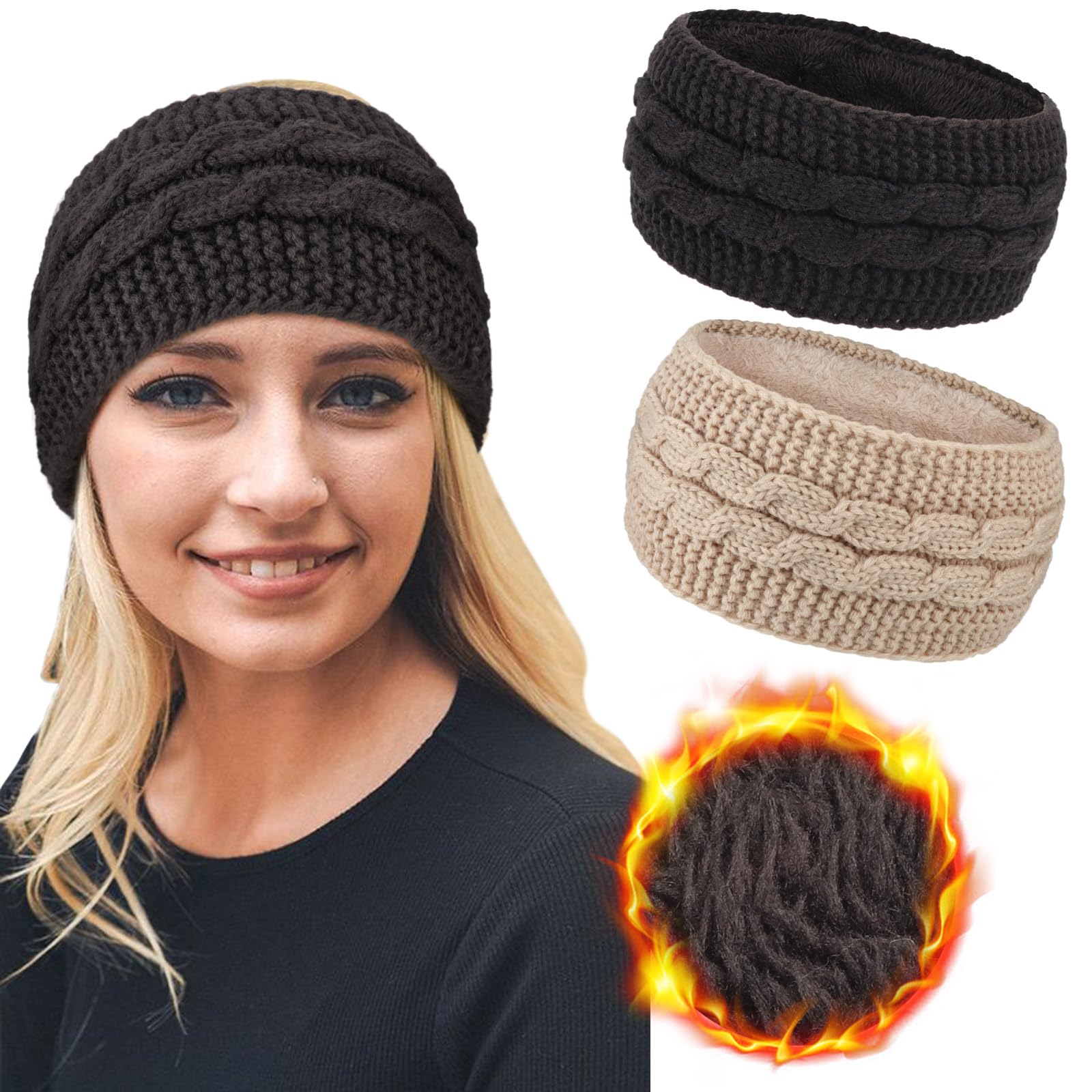 DRESHOW Women Warm Knitted Headband Winter Ear Warmer Crochet Head Wraps Thick Fleece Lining Hair Bands — image 1