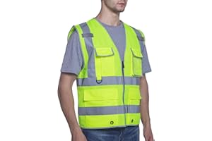 sesafety Safety Vests Reflective with 9 Pockets and Zipper,Class 2 Construction Vest for Men Neon Yellow L