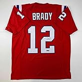 Facsimile Autographed Tom Brady New England Red Reprint Laser Auto Football Jersey Size Men's XL