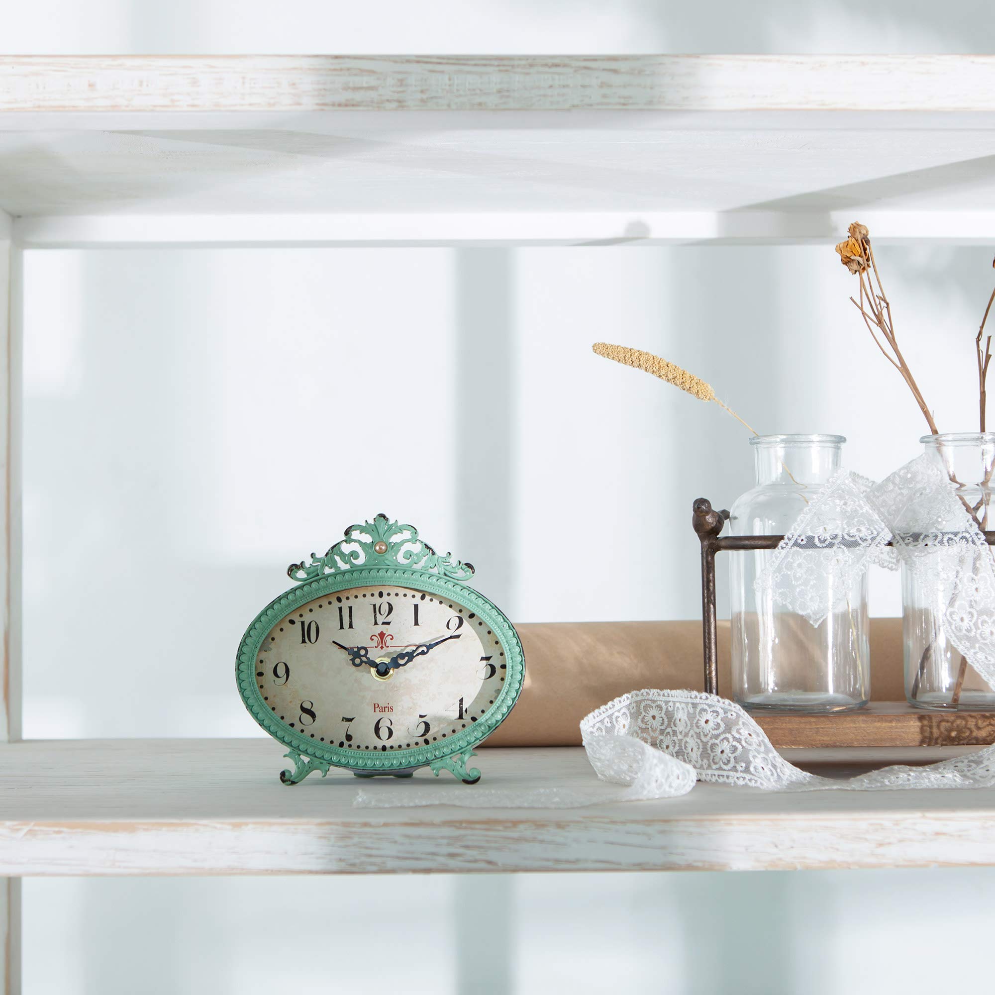 NIKKY HOME Vintage Table Clock, French Turquoise Color Rococo Style Desk Clock Battery Operated Rustic Design, Home Décor for Living Room, Bedroom, Bedside, Desk, Gift Clock - Distressed Green