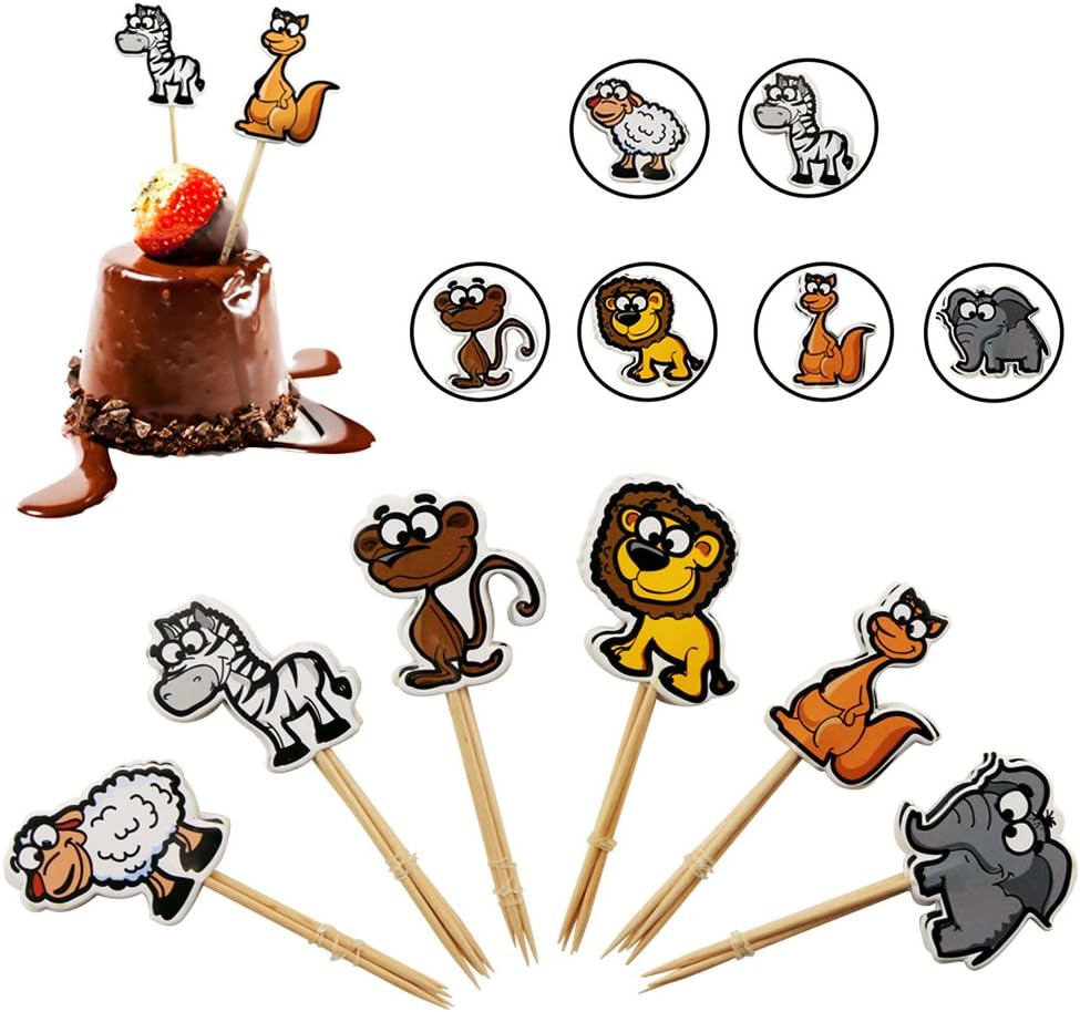 Weoxpr 72Pcs Paper Wild Animal Cupcake Toppers Double Sided Cake Toppers Picks Kids Birthday Wedding Party Decoration, Food Fruit Picks for Decoration