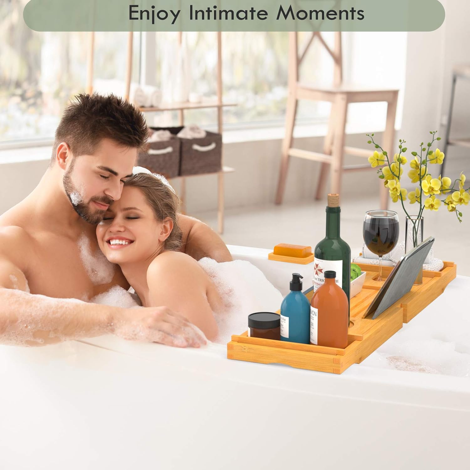 STOREMIC Bathtub Tray Caddy Expandable 29.5-44 Inch Bamboo Bath Tray for Tub with Wine Glass Book Holder Free Soap Holder Romantic Gift: Home & Kitchen