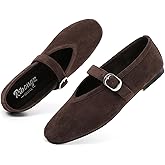 RIBONGZ Women's Flats Foldable Ballet Mary Jane Round Toe Dress Shoes with Ankle Strap Buckle Comfortable Slip On Leather Flat Girls Ballerina Shoes for Office Work Party Walking Casual