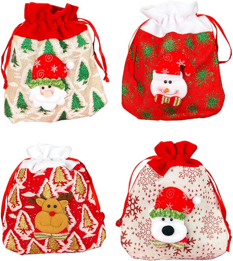 Camelliass 4pcs Christmas Drawstring Gift Bags 25x20cm Reusable Burlap Bags Candy Pouch Bags Candy Treat Bags Assorted Wrapping Bags for Holiday Party Supplies Xmas Gifts