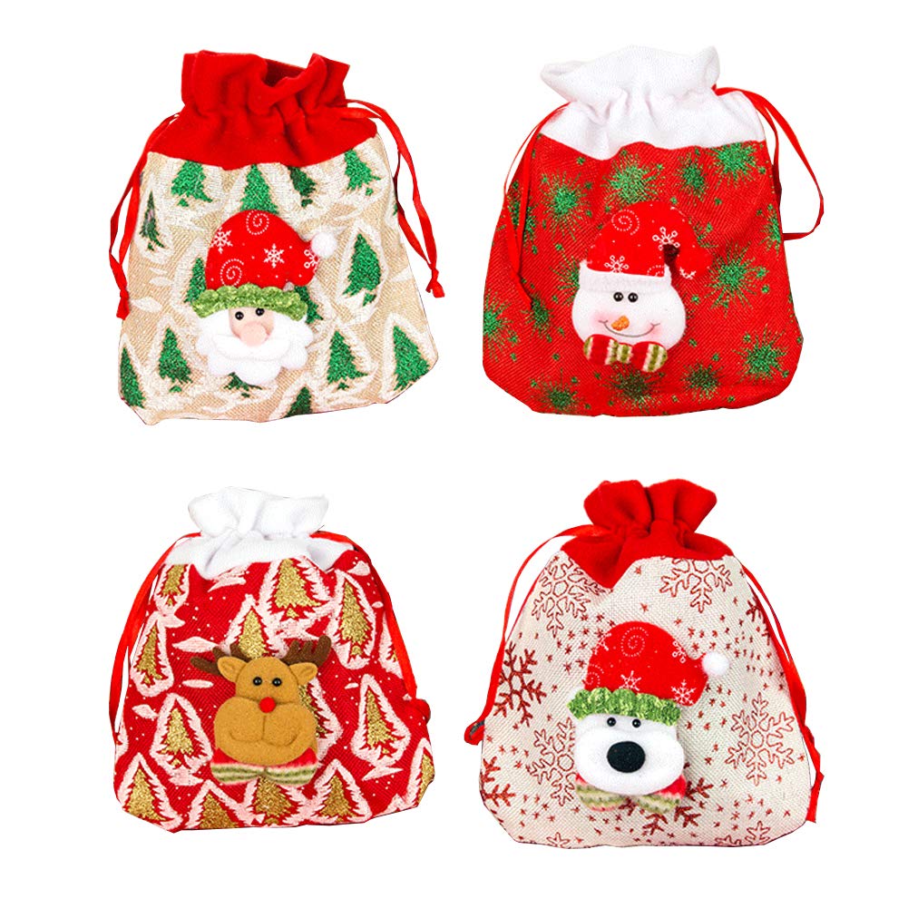 Camelliass 4pcs Christmas Drawstring Gift Bags 25x20cm Reusable Burlap Bags Candy Pouch Bags Candy Treat Bags Assorted Wrapping Bags for Holiday Party Supplies Xmas Gifts