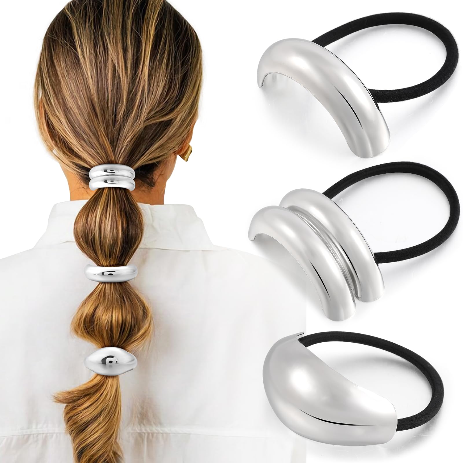 Photo 1 of 3PCS Silver Hair Ties, Metal Hair Ties for Thick Hair, Elegant Durable Geometric Design, Silver Hair Accessories Stretchy and Non-Damage Ponytail Holders, 3 Styles in Box Gifts Holiday