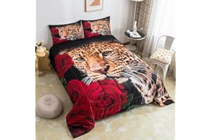 Erosebridal Red Rose Cheetah Bedding Set, Cat Leopard Print Comforter Set,Romantic Flowers Down Comforter,Animal Theme Bedroom Decor for Boys Girls Youth Men Women Female,Queen Size