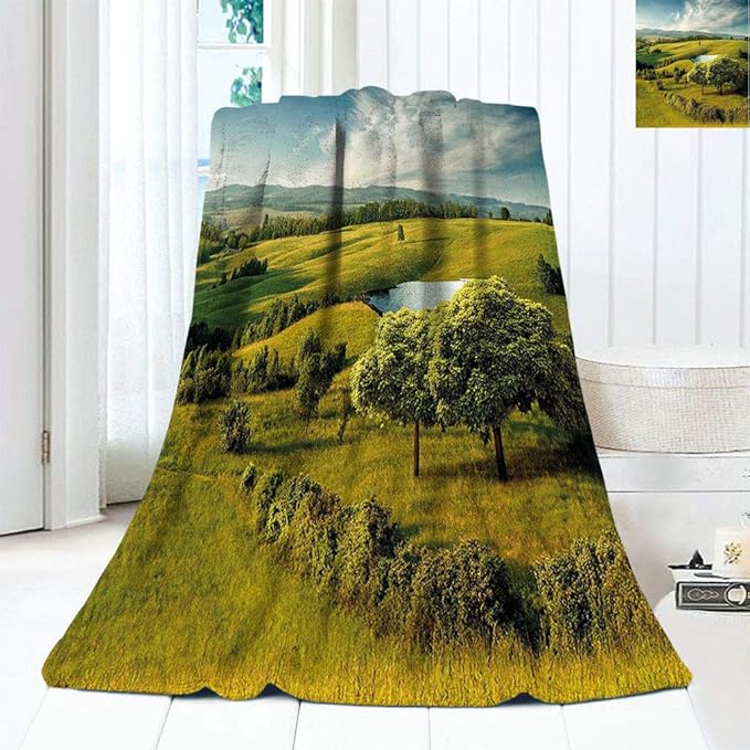 Green Stain Resistant Throw Blanket, Scenic Scenery Hilly Landscape