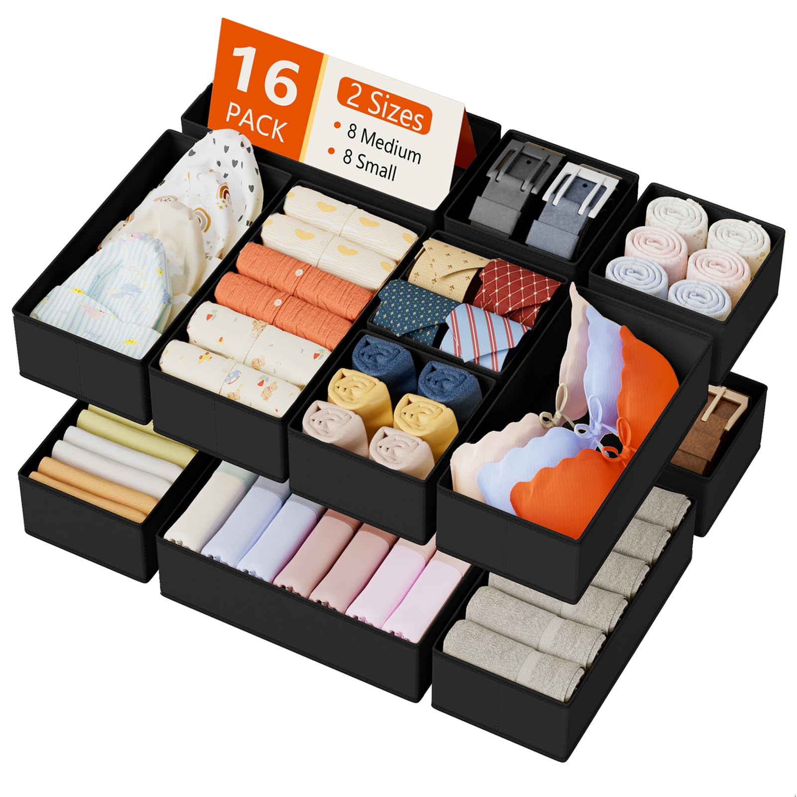 DIMJ Drawer Organizers Clothes, Set of 16 Dresser Organizer Bins, Fabric Closet Organizers and Storage, Shallow Drawer Dividers for Nursery, Clothing, Baby Clothes, Socks, Underwears, Tie (Black) Image