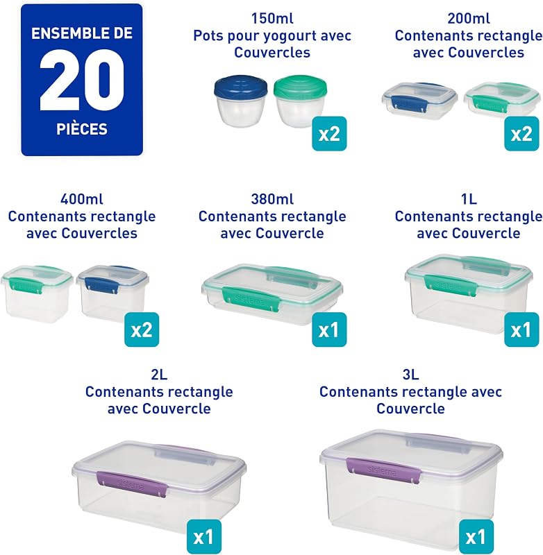 Paper Mate Sistema KLIP IT boîtes de conservation alimentaire | Boîtes de préparation avec couvercleslunch boxboîtes à en-cas et Cie | Empilables et hermétiques | 20 pièces
