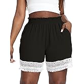 Gocolloa Plus Size Lace Trim Elastic High Waisted Shorts for Women Summer Casual Loose Vacation Beach Lounge Ruffle Shorts