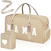 Mama Hospital Bag for Women Labor and Delivery Nylon Chenille Letter Embroidered Duffle Overnight Weekender Bag with Shoes Compartment Mothers Day Gifts(Khaki, Mama)