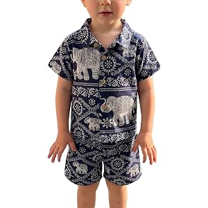 BULINGNA 2Pcs Toddler Baby Boy Summer Outfit, Short Sleeve Button Down Elephant Shirt + Shorts Set Casual Beach Clothes