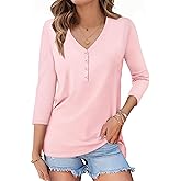 3/4 Length Sleeve Womens Tops Casual V Neck T Shirts Solid Basic Tee Tunic Tops Button Down Shirts Fall Clothes