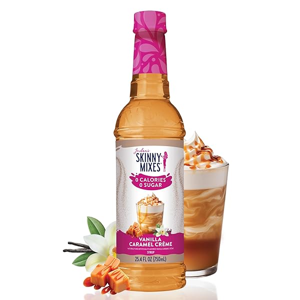 JORDAN’S SKINNY SYRUPS SUGAR FREE COFFEE SYRUP, VANILLA CARAMEL CREME FLAVOR DRINK MIX, ZERO CALORIE FLAVORING FOR CHAI LATTE, PROTEIN SHAKE, FOOD & MORE, KETO FRIENDLY, 25.4 FL OZ (PACK OF 1)