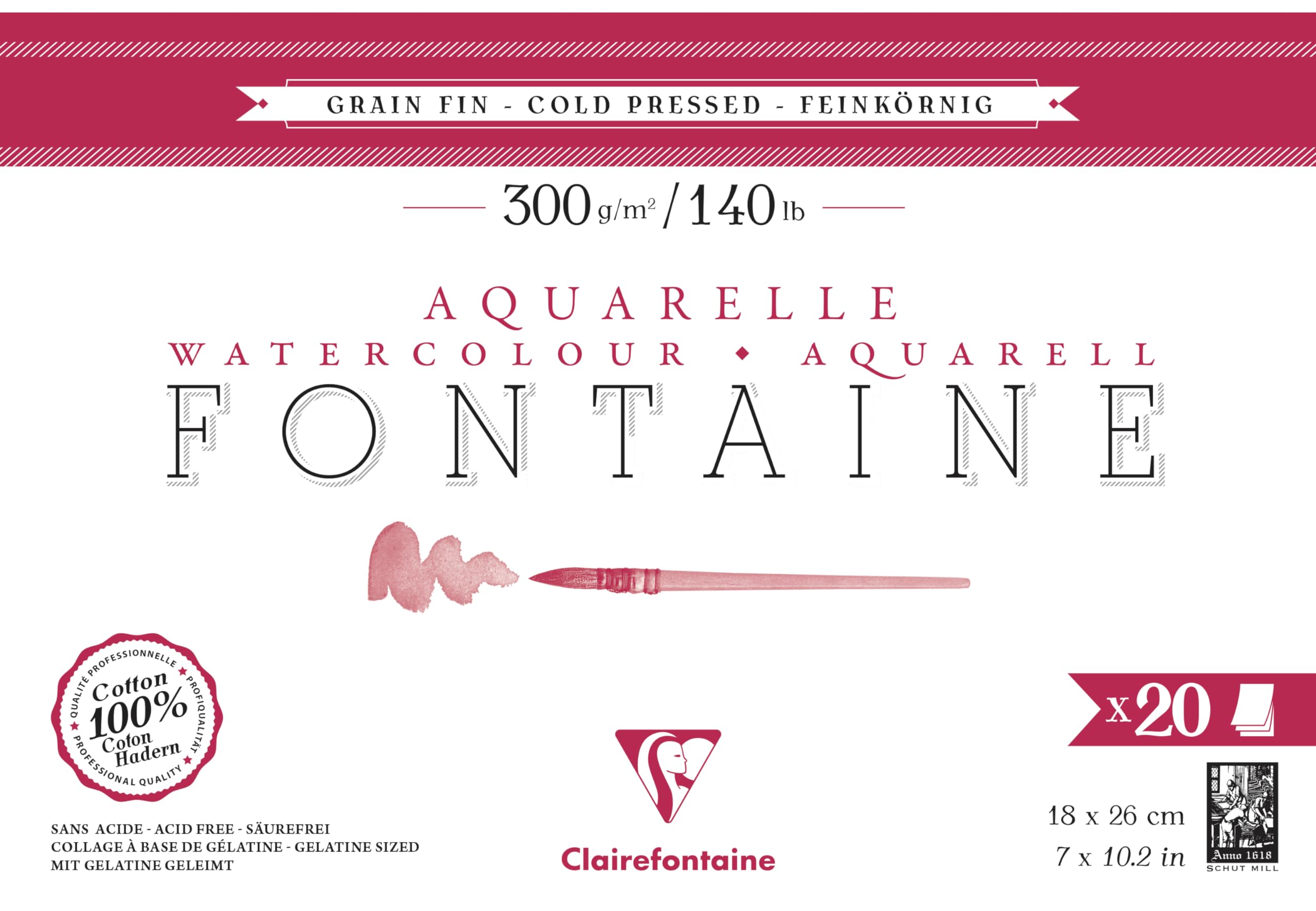 Clairefontaine 975449C - One Fontaine 4-Sided Glued Pad - 20 Sheets of 100% Cotton Fine Grain Professional Quality White Watercolour Paper 18x26 cm 300g