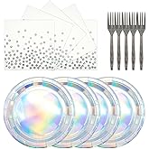 Xjoviative 72Pcs Iridescent Silver Plates and Napkins Party Supplies, Holographic Disposable Paper Plates Napkins with Forks Tableware Set for Mermaid Birthday Wedding Iridescent Party Decorations