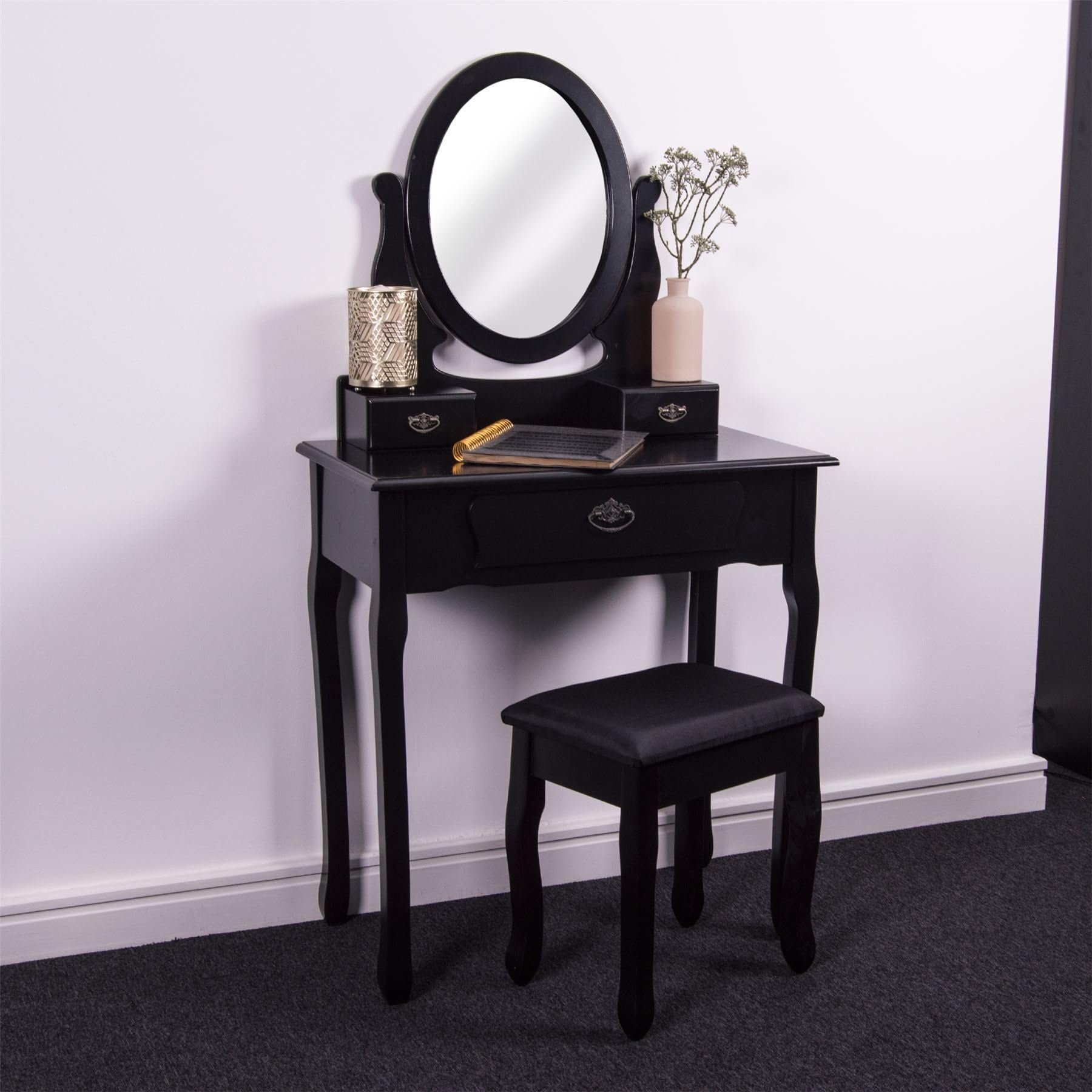 Vida Designs Nishano 3 Drawer Dressing Table with Adjustable Mirror And Stool Bedroom Makeup Dresser Desk Furniture, Black