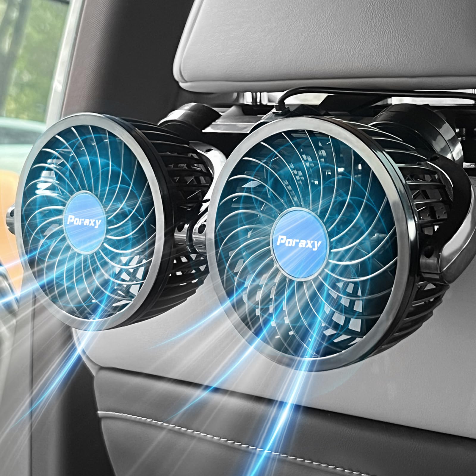 Photo 1 of **NON-FUNCTIONAL** Poraxy Car Fan, Dual Head Car Fans for Backseat for Kids, Headrest 360 Degree Rotatable Back Seat Stepless Speed Vehicles Rear Seat 12V Cooling Air Fan for Sedan SUV RV