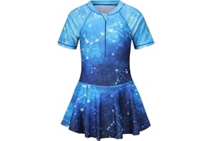 LOLLISY Girls One Piece Swimsuits Hawaiian Skirted Bathing Suit for Kids Girls Summer Swim Dress Short Sleeve Swimwear 3-16 Years