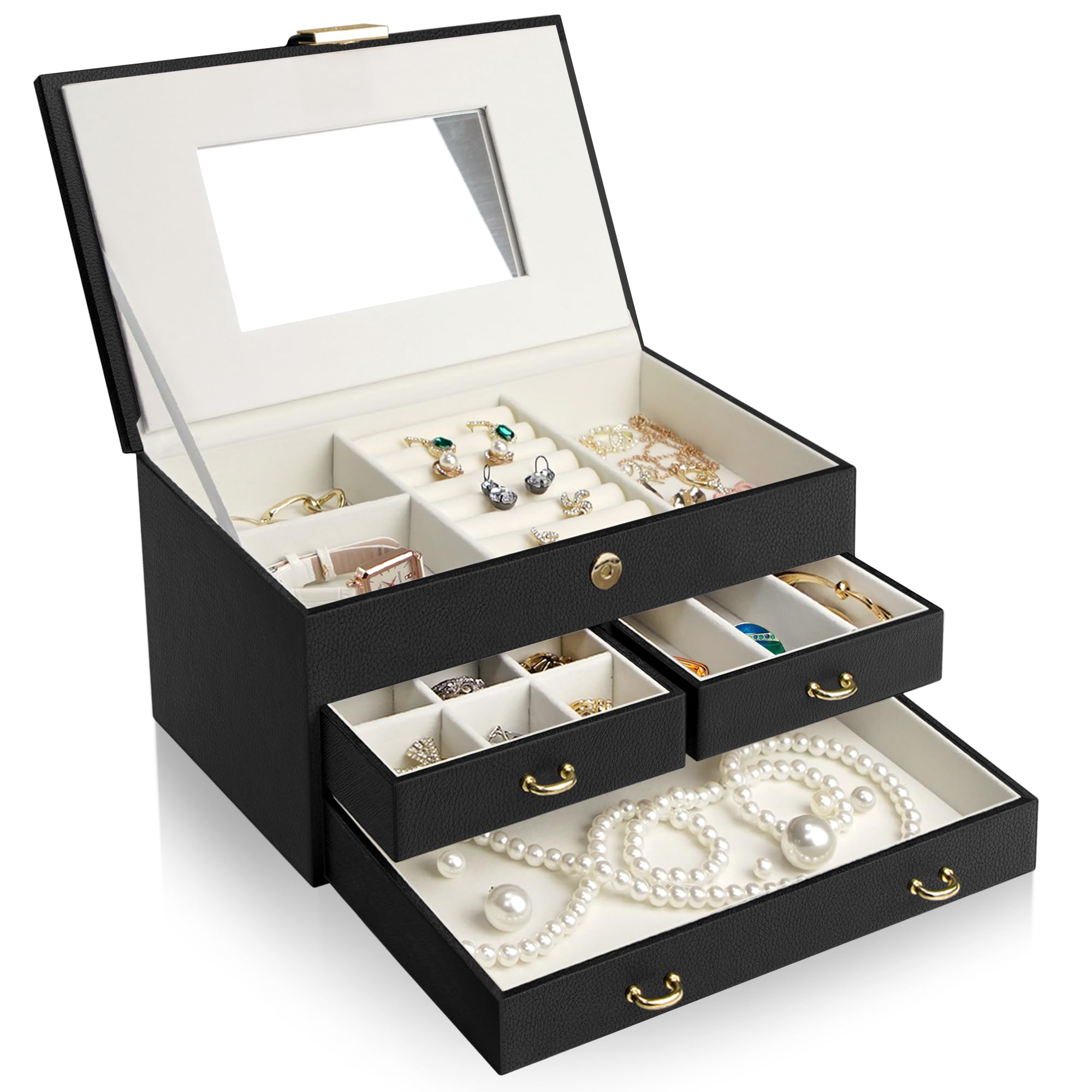 ADEL DREAM Jewellery Box, 27 x 16 x 12 cm, with 2 Drawers, Organiser with Mirror, PU (Polyurethane) Leather, Jewellery Storage, for Rings, Bracelets, Earrings, Velvet Lining